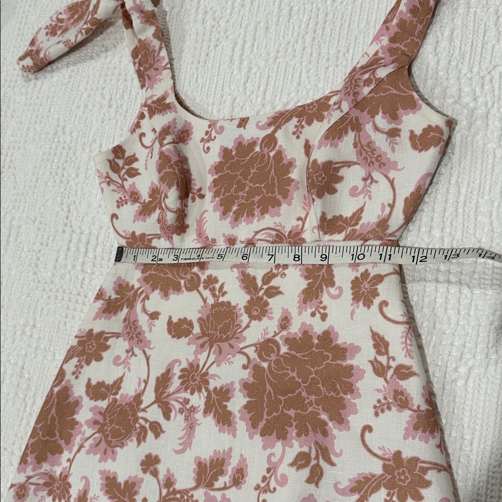 ZIMMERMANN Postcard Linen Tie Shoulder Midi Dress Sz 0 Tan Floral Open Back - Picture 12 of 16
